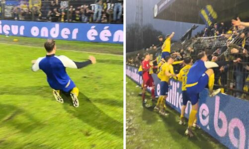 E marrin vesh që janë futur në elitën e futbollit belg, kjo ishte festa e lojtarëve të klubit Beveren SK